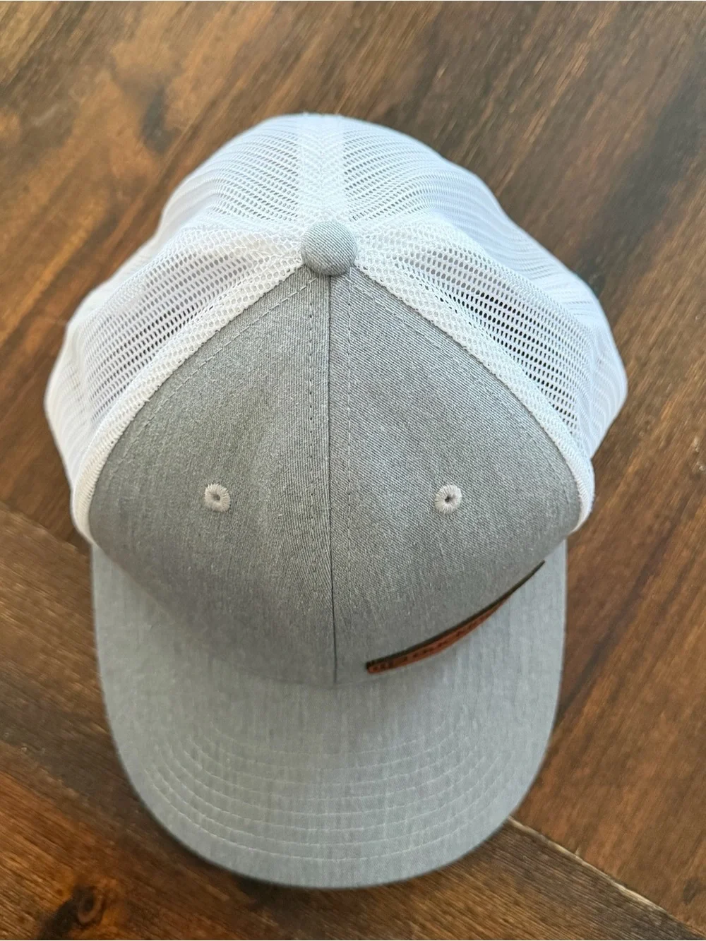 Buckingham Leather Patch Trucker Hat Heather Grey White Mesh Back Cap